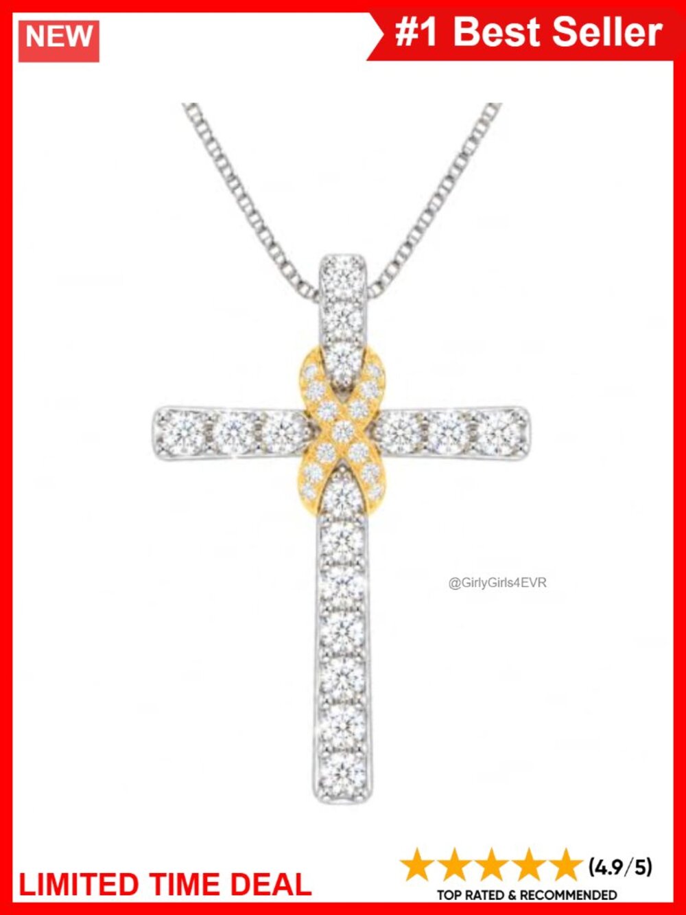 Lab Grown Diamond Cross Necklace 14K Gold Plated Sterling Silver 18in Chain